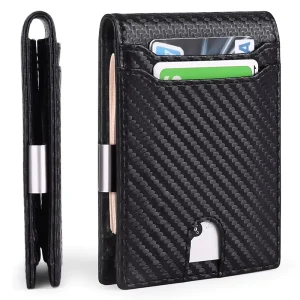Top Rated Black Carbon Fiber Leather Money Clip Wallet RFID Blocking Wallet for Men