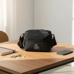 Tough Black Waterproof Fashion Polyester Men’s Outdoor Crossbody Bag with Zipper and Letter Logo