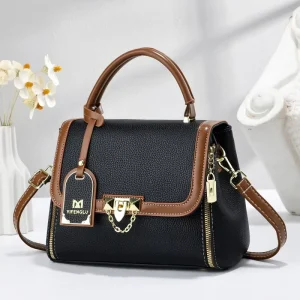 Trendy Fashion Flap Small Crossbody Shoulder Messenger Bag With Lock PU Waterproof Polyester