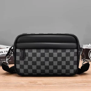 Trendy Men’s Plaid PU Crossbody Bag Korean Style Waterproof Durable Small Square Shoulder Bag Polyester for Casual Daily Use