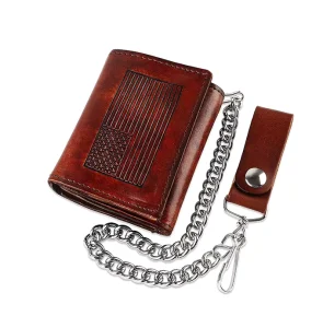 Trifold Short RFID Blocking Wallet Money Bag Chain Biker Genuine Leather High Capacity Vintage Customized Logo Men’s