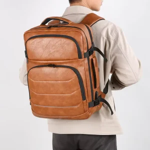 USB Charging Men’s Waterproof Multi-functional Large-Capacity Vintage PU Leather Business Laptop Travel Pass Computer Backpack