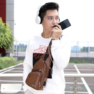 USB Men’s Fashionable PU Chest Bag for Outdoor Sports Portable Charging Leisure Diagonal Bag