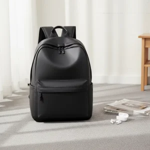 Unisex Business School Waterproof Backpack Zipper Closure Anti-Theft PU Leather Computer Bag 24L Capacity Polyester