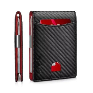 Unisex Carbon Fiber Leather Bifold Wallet with Money Clip, RFID, Slim Card Holder