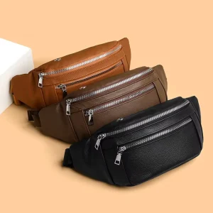 Unisex Genuine Leather Crossbody Bag with String Closure Multi Purpose Casual Sports Waist Bag for Daily Matching