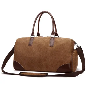 Unisex Leather Canvas Duffle Bag Travel Tote Gym Bag with Zipper Closure for Men’s Sports Travel