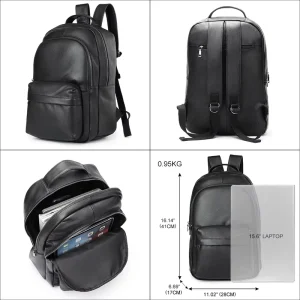 Unisex Men’s Black Waterproof Genuine Leather Backpack with Polyester Lining Casual Fashion Design
