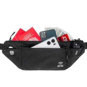 Unisex Nylon Waist Bag Zipper RFID Blocking Anti-Theft Outdoor Sports Travel Pouch Slim Waist Wallet for Passport RFID Fanny