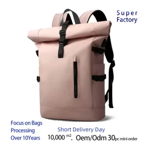 Unisex Roll-Top Backpack Large Capacity Waterproof Zipper Laptop Bag Men’s Daypack Black for Outdoor Sports Fashion Style