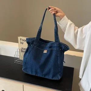 Unisex Vintage Denim Solid Color Tote Shoulder Bag Designer Style Street Trend Messenger Summer Pocket Stylish Men Women