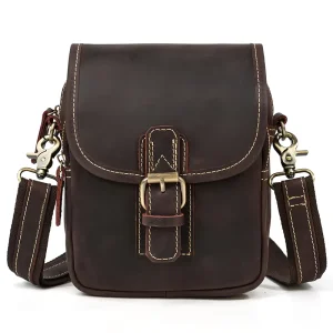 Unisex Vintage Genuine Leather Durable Lightweight Multi Purpose Waist Bag and Messenger Bag with Buckle Closure for Outdoor Use