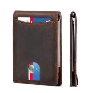 Unisex Vintage Short Bifold Card Holder Men’s Leather Wallet Minimal Slim RFID Leather Money Clip Wallet