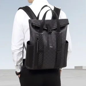 Vegan PU Leather Men’s Book Bag Customized Monogram Printing Pattern Men’s Backpacks with Laptop Compartment for Daily