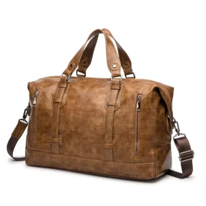 Vegan Vintage Style Custom PU Leather Duffle Bag Men’s Outdoor Business Travel Storage Carry-on Handbag with Zipper Closure