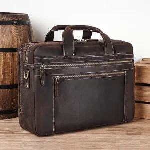 Vintage Brown Genuine Crazy Horse Leather Messenger Laptop Briefcase Soft Bag for Men