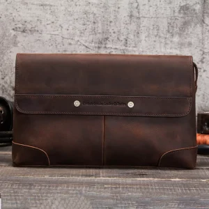 Vintage Casual Crazy Horse Leather Clutch Bag for 7.9 Inch iPad Men’s Clutch Bag with Multiple Compartments