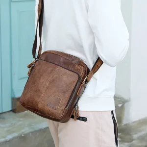 Vintage Casual Men’s Crossbody Waist Shoulder Handbag Satchel Genuine Cowhide Leather Sling Bag for Travel Messenger Bag