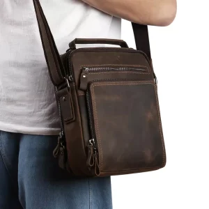 Vintage Casual Small Men’s Genuine Leather Crossbody Sling Bag Zipper Closure Portable Crazy Horse Design