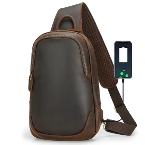 Vintage Chest Bag Crazy Horse Leather Men’s Crossbody Bags Real Cow Male Leather Sling Bags Chest Packs With USB Cable