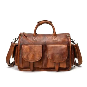 Vintage Cow Leather Men’s Crossbody Satchel Bag with Zipper Closure Large Capacity Laptop Messenger Tote