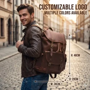Vintage Cow Leather Men’s Rucksack Outdoor Leisure Sports Hiking Backpack Leather Hiking Bag Large Capacity Travel Backpack