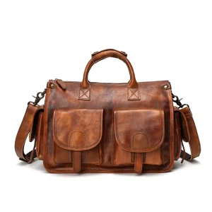Vintage Cowhide Men’s Crossbody Bag Vegetable Tanned Leather Rubbed Color Leather Handbag Large Capacity Business Shoulder Bag