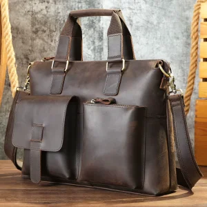 Vintage Crazy Horse Genuine Leather Briefcase Hard Bag for Men’s Daily Travel School Use Soft Office Bag
