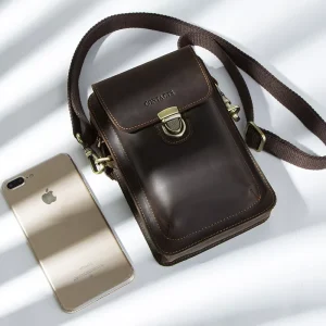 Vintage Crazy Horse Genuine Leather Phone Bag Crossbody Convertible Belt Phone Pouch With Card Slots