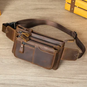 Vintage Crazy Horse Genuine Leather Waist Belt Bag Men Leather Shoulder Crossbody Chest Bag Leather Fanny Pack For Men