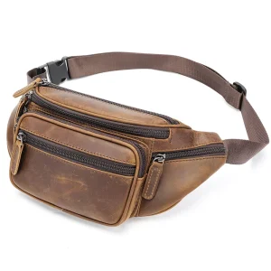 Vintage Crazy Horse Leather Fanny Pack Men Waterproof Leather Shoulder Chest Bags Waist Pouch Men Leather Waist Bag