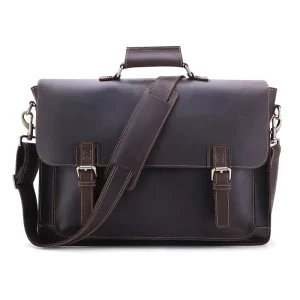 Vintage Crazy Horse Leather Men’s Messenger Bag Laptop Shoulder Briefcase for Business Office Handmade Handbag