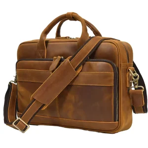 Vintage Crazy Horse Style Genuine Top Grain Cowhide Leather Briefcase Men’s Handbag with Computer Bag Feature