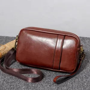 Vintage Crossbody Bag with Detachable Hand Strap Fashion Business Casual Sling Retro Men Leather Handbags