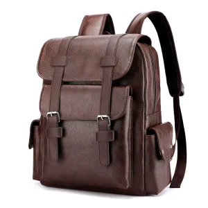 Vintage England Style Men’s Leather Backpack Waterproof Brown & Black for College Student & Travel Nylon Lining PU Main Material