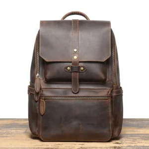 Vintage Fashion Genuine Leather Backpack Men’s Hiking Crazy Horse Leather Lightweight Large Capacity Cowhide Computer Bag Zipper