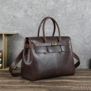Vintage Full Grain Pull Up Leather Briefcase Men’s 14.2″ Laptop Tote Bag With Detachable Strap Business Work Bag For Men