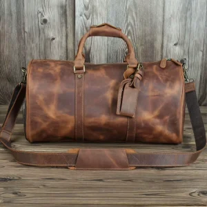Vintage Genuine Crazy Horse Leather Men’s Travel Duffle Bag with Shoes Compartment