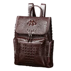 Vintage Genuine Leather Crocodile Bone Pattern Men’s Backpack Brown Large Capacity Anti Theft Casual Outdoor Travel Bag 20 35L