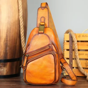 Vintage Genuine Leather Men’s Chest Shoulder Daypack with Front Metal Latch Water Proof Sling Bags for Men