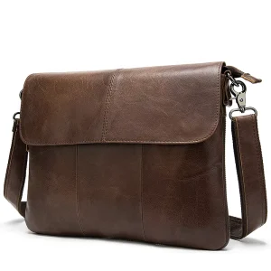 Vintage Genuine Leather Men’s Flip Shoulder Bag Zipper Waterproof Travel Crossbody Handbag for Mobile Phone Computer