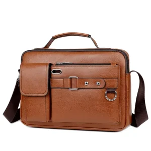 Vintage Genuine Leather Men’s Messenger Bag Waterproof Crossbody Laptop Handbag with Button Decoration