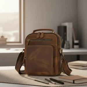Vintage Genuine Leather Men’s Messenger Bags Waterproof Durable Zipper Closure Square Crossbody Bags for Men Outdoor Commuting