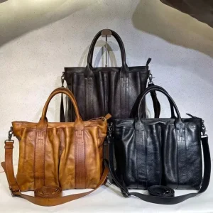 Vintage Genuine Leather Men’s Tote Bag Pleated Design Large Capacity Travel Shoulder Handbag Custom Logo