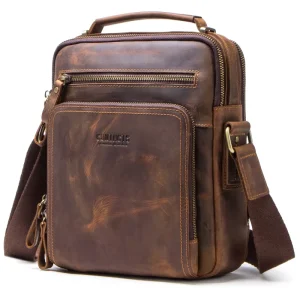 Vintage Genuine Leather Messenger Bag for Men Crazy Horse Leather Shoulder Bag for 9.7 Inch Ipad Men’s Crossbody Bag Leather