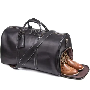 Vintage Genuine Men’s Leather Travel Bag Gym Duffle Large Capacity Water Proof Weekend Overnight Luggage Solid Color