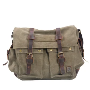 Vintage Large Capacity 17 Inch Computer Satchel Canvas Mad Horse Cowhide Men’s Messenger Bag Single Shoulder Casual School Bag