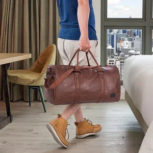 Vintage Large Capacity Men’s Travel Duffel Bag Gym Shoulder Bag Shoe Compartment Zipper Closure Foldable Weekender for Outdoor