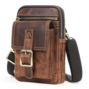 Vintage Leather Belt Phone Bag Multi Zippered Crazy Horse Leather Cell Phone Bag Handmade Leather Sling Crossbody Bag for Men
