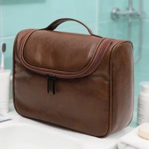 Vintage Leather Cosmetic Bag Waterproof Vanity Makeup Bag for Women Men’s Toiletry Bag